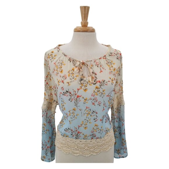 Rue21 Floral Crochet Boho Top S Sheer Long Sleeve Peasant Blouse Festival - Picture 2 of 16